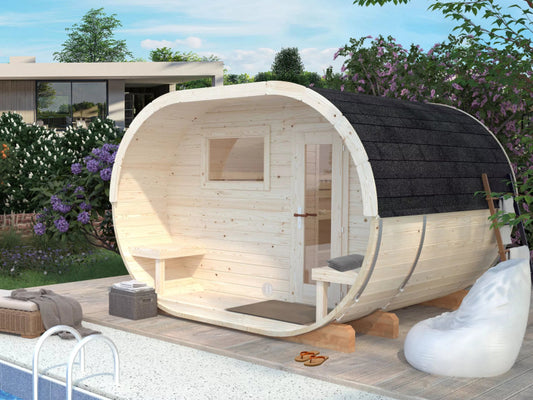 Palmako - Ovale Fass-Sauna Modell Anette 3,0 + 1,5 m²